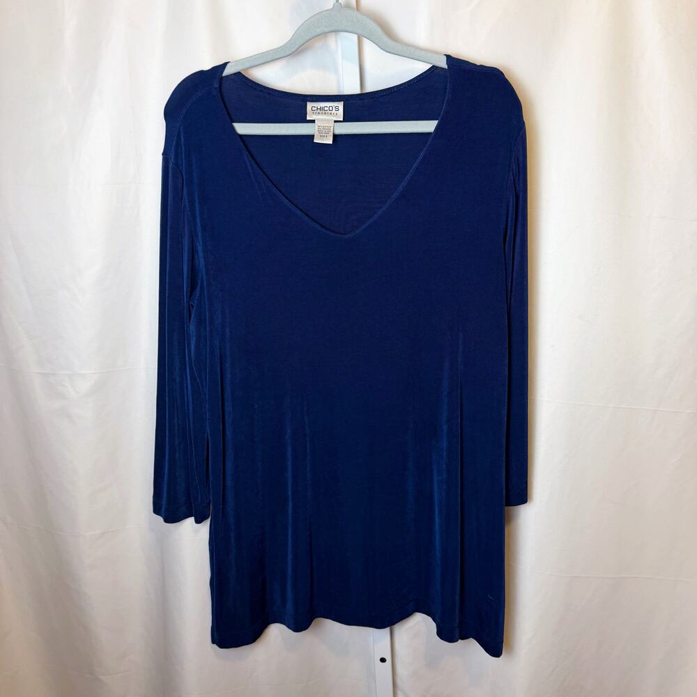 Chicos Travelers Size 2 Large Blue Stretch Knit Tunic Top Long Sleeve USA Office